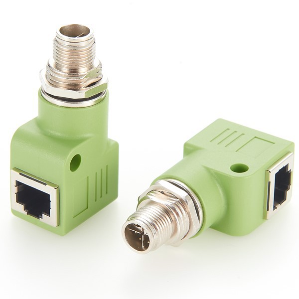 Panel Feed Through Adapters M12 X Coded To RJ45 For Electrical Cabinets Angled Panel Feed Through Adapters M12 X Coded To RJ45 For Electrical Cabinets Angled